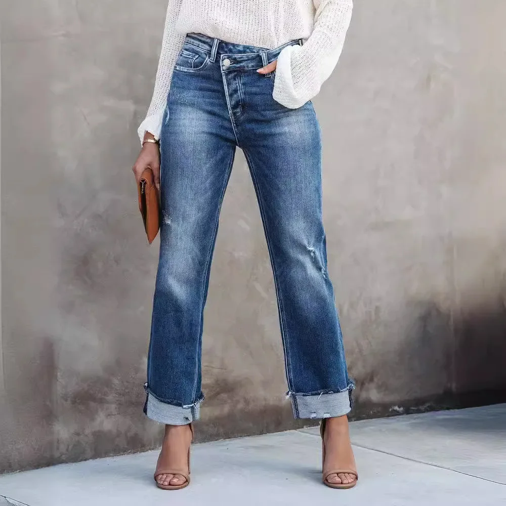 Women Straight Ripped Ankle Length Denim Pants Jeans Solid Color Summer High Waist Pockets Button Pants