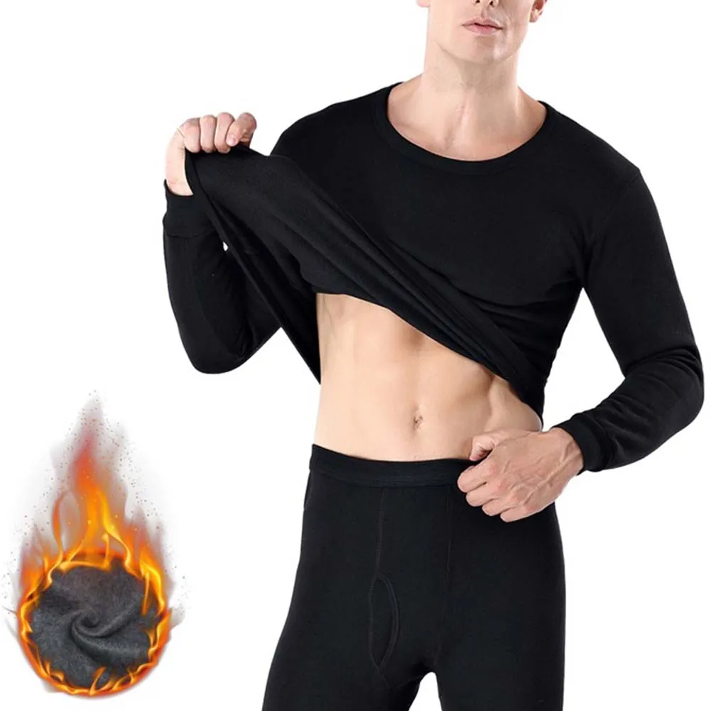 Men's Thermal Underwear Sets Round Neck Coldproof Long Johns Solid Color Thicken Pajamas Base Layer Winter Warm Top And Pants