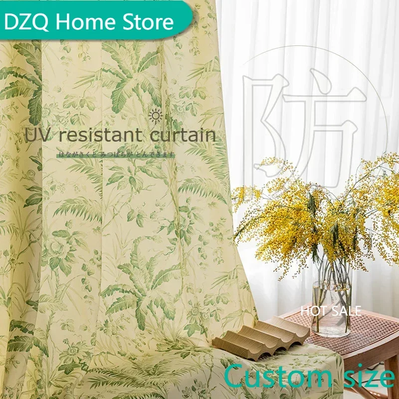 

American Style Countryside Green Plant Printed Patchwork Curtains Fresh Chiffon Semi Blackout Curtains for Bedroom Living Room