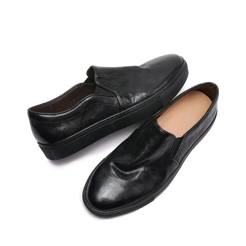 YETTIES Men's Washed Cowhide Leather Slip-On Loafers | British Vintage Business Casual Comfort Shoes for Daily Use Board Shoes