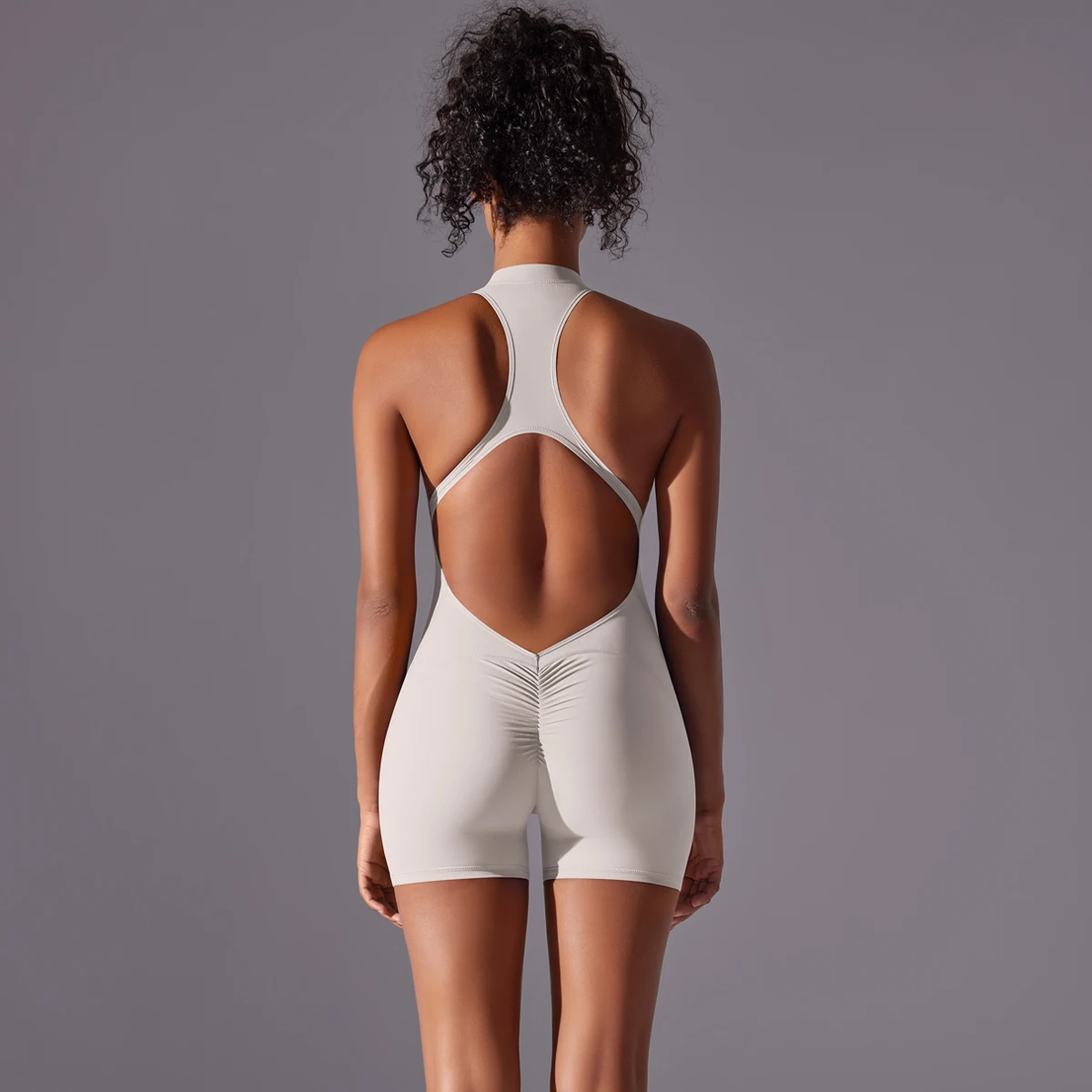 Halb Zipper Frauen Bodys Gym Push Up Workout Kleidung Backless Scrunch Fitness Sport Yoga Body Ärmel Fitness Overall – Detail 6