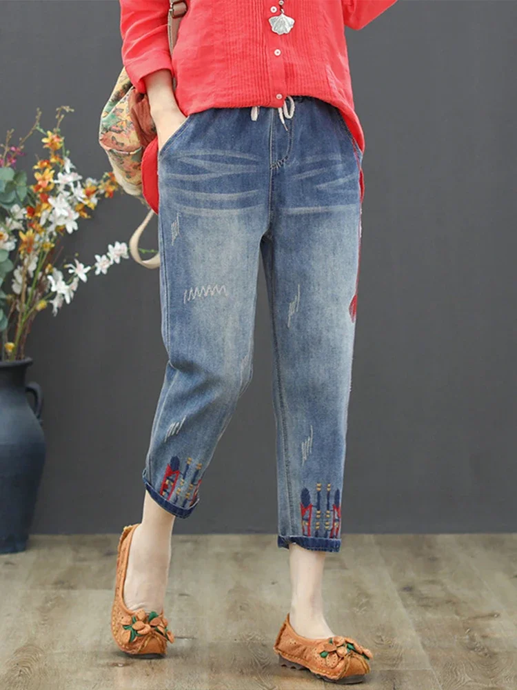 

Fashion Summer Ladies Ripped Loose Jeans Womens Leisure Embroidery Denim Trousers Vintage Females Elastic Harem Pants