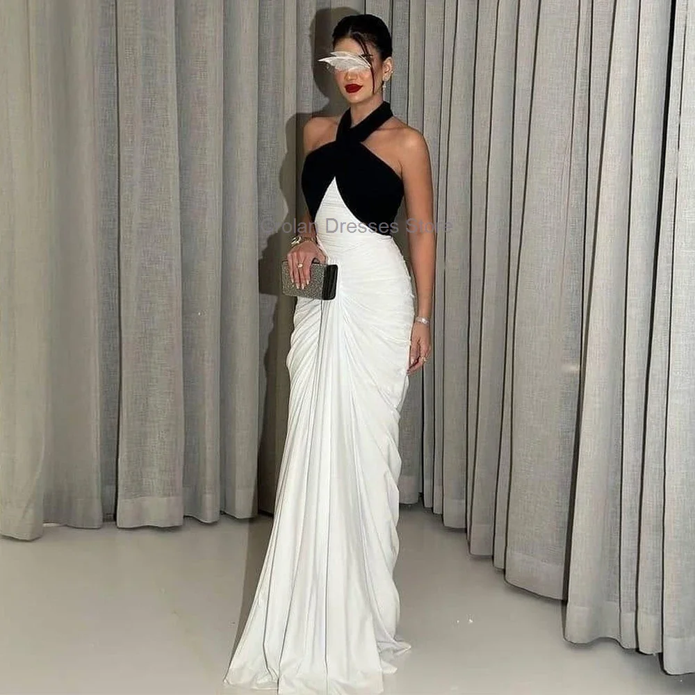 

Saudi Arabia Jersey Mermaid Evening Dress White and Black Halter Pleats Wedding Party Gowns Sleeveless Prom Dress Custom Made