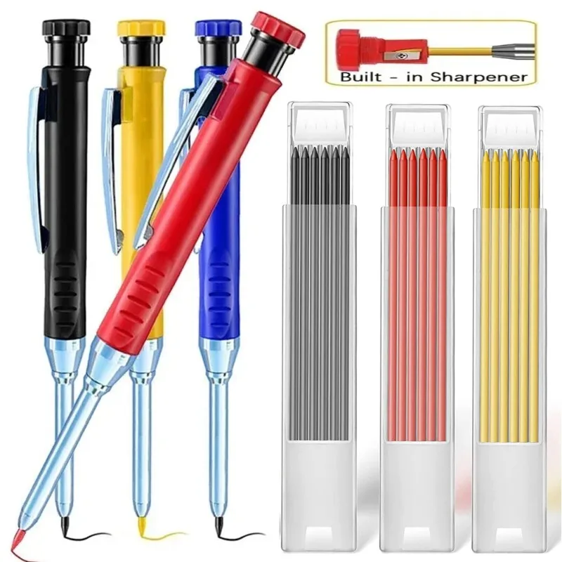 Reuseable Deep Hole Long Head Markers Pen Pencils Solid Carpenter Refill Leads Built-in Sharpener Woodworking Construction Tools