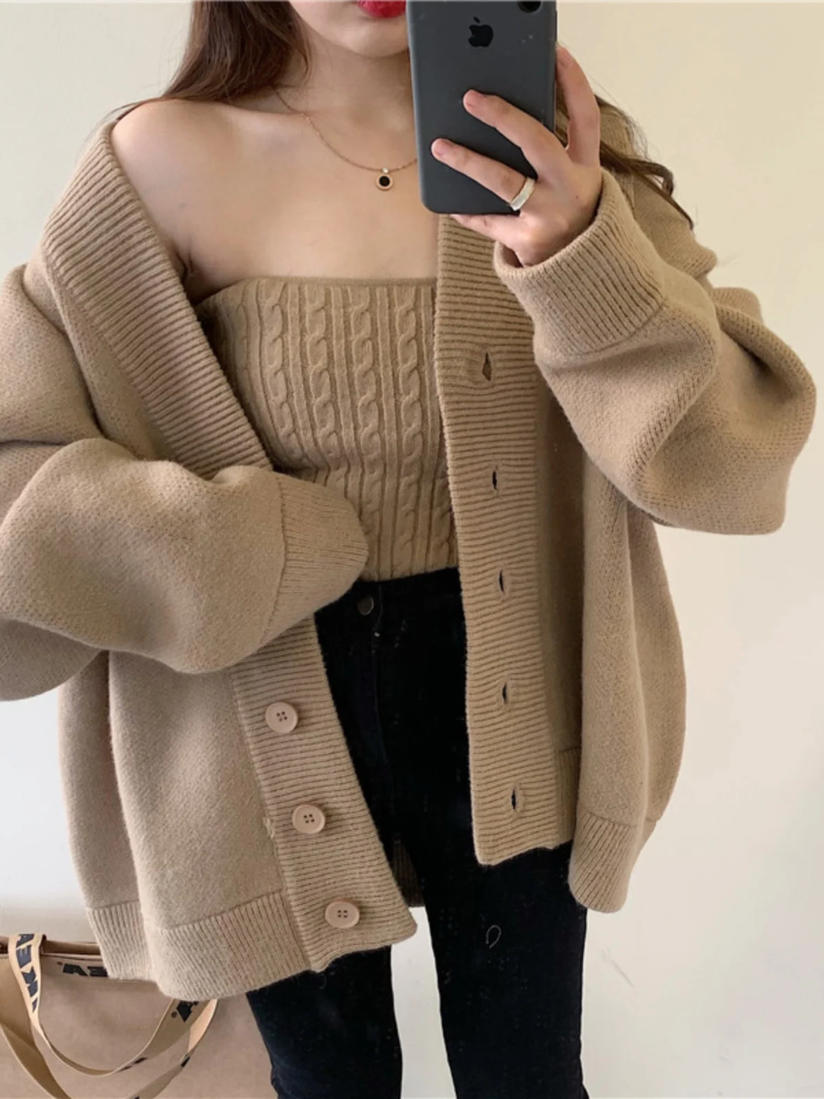 Chic Vintage Loose Knitted Wrap Chest Crop Top And Vest Two Piece Set for Women Warm Thermal Pure Color Commute Style Long Sl...