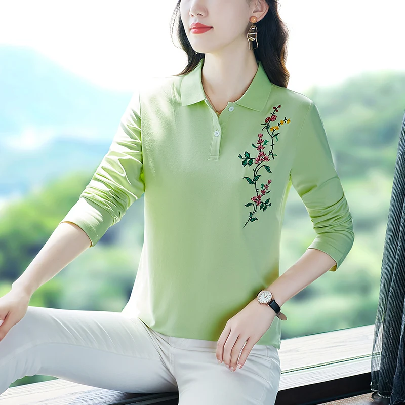 Autumn Long Sleeve Embroidered Flower POLO Shirt Cotton T-shirts for Women Tee Korean Reviews Clothes Ladies Woman Downtown Golf