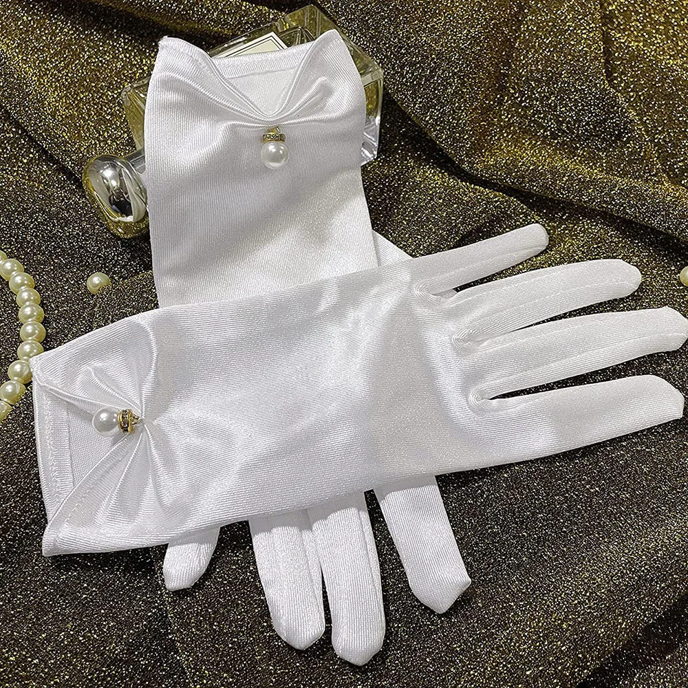 White Satin Wedding Dress Gloves Short Elegant Petal Pearl Bow Mesh Bridal Gloves Versatile Photo Accessories Pearl Retro