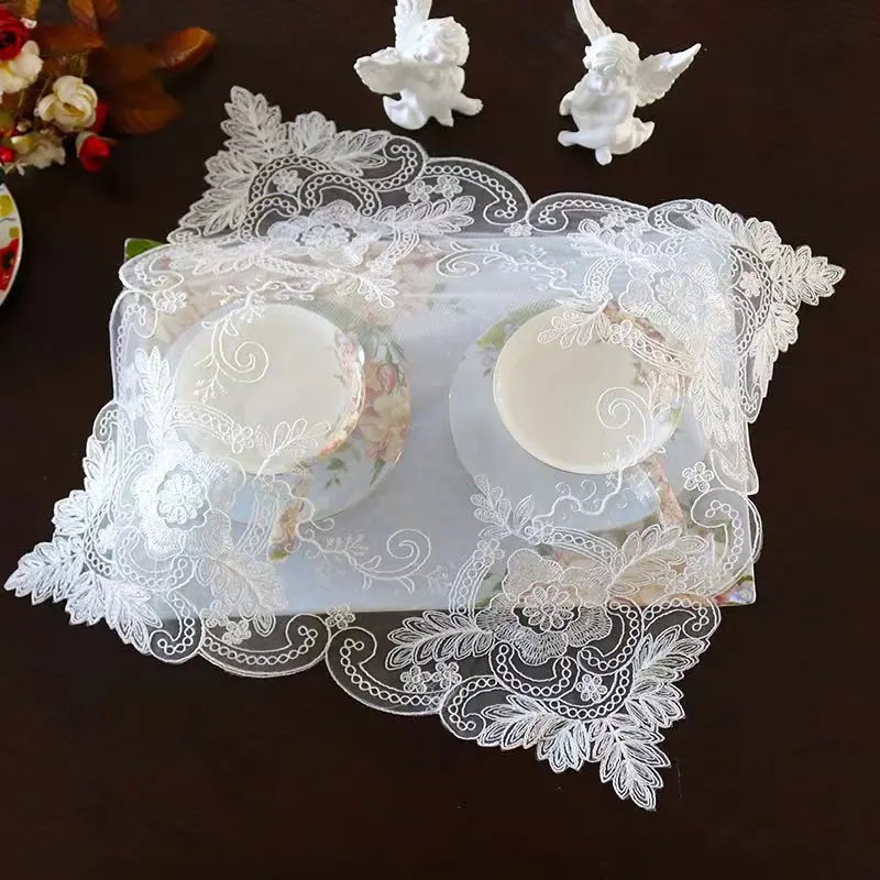 

Europe Mesh white flower Embroidery table cloth cover wedding tea tablecloth kitchen Christmas Table decoration and accessories