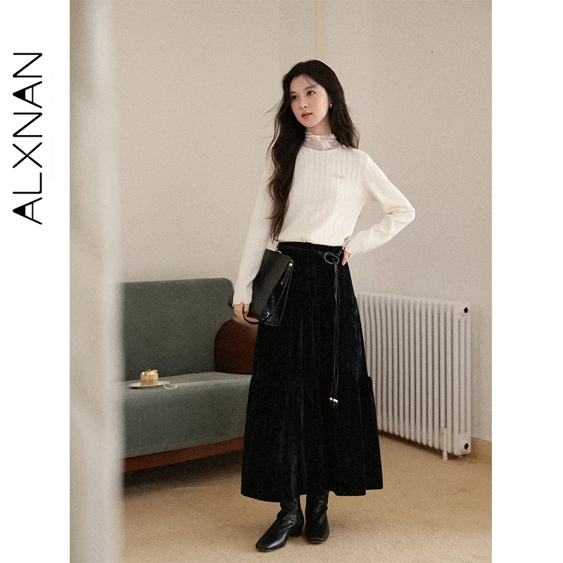 ALXNAN المشمش القمم كاذبة قطعتين الدانتيل المرقعة طويلة الأكمام محبوك البلوفرات القوس الخريف المرأة طبقات تريكو L58036 #3