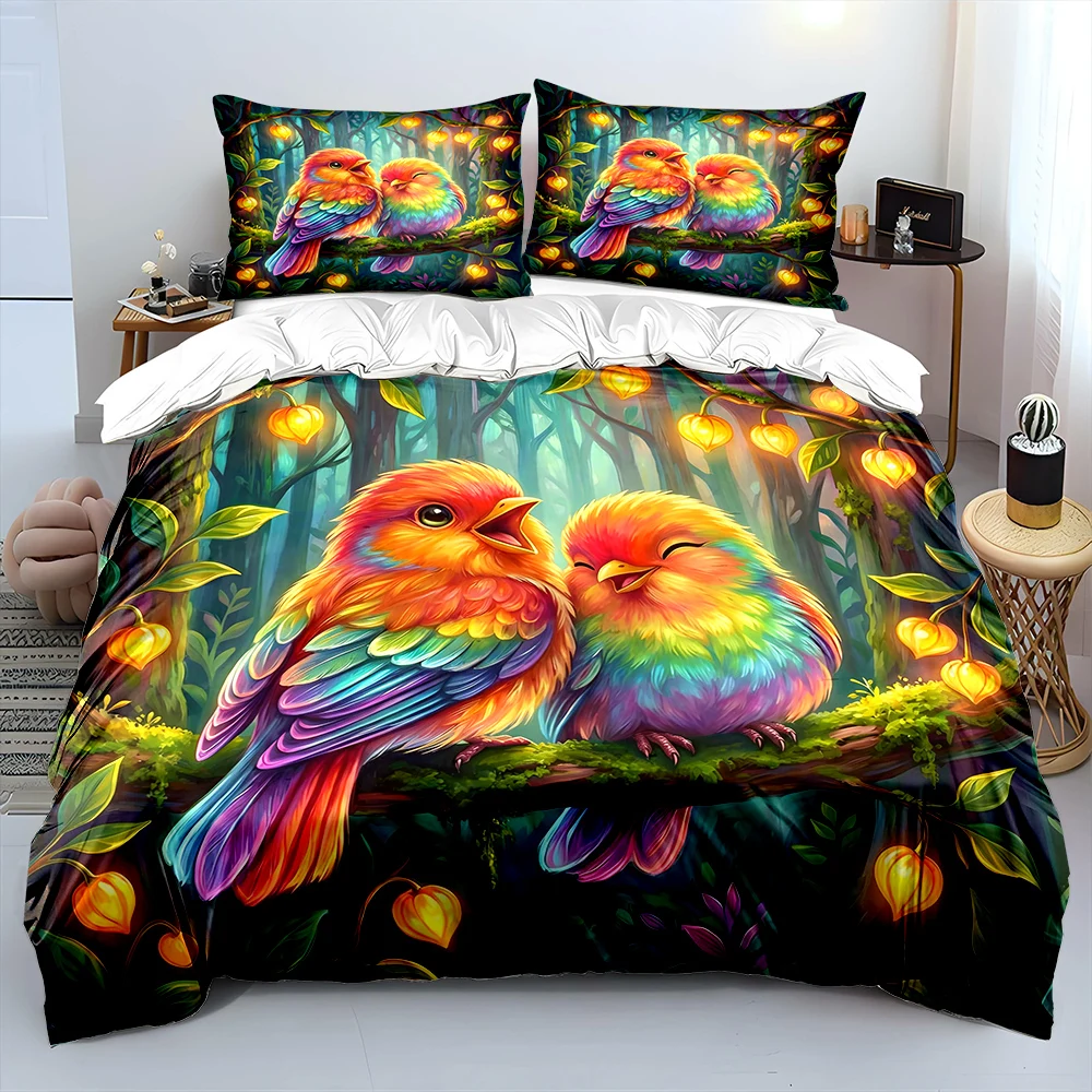 Colorful Birds with Glowing Leaves Bedding Set for Kids Luxury Gift 3pcs Digital Print Comforter Set Soft Comfortable Breathable