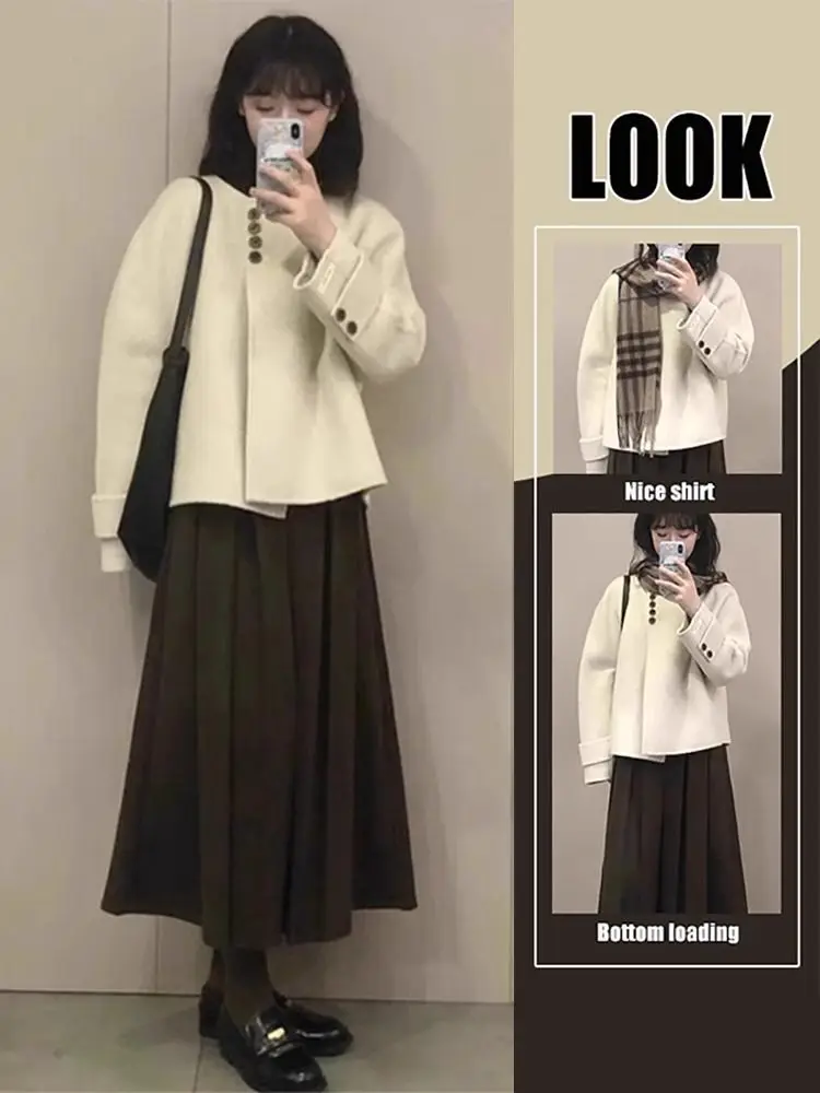 

Premium Design Short Woolen Jacket Women's Loose Fit Slimming Korean Style Beige Spring Autumn New Arrival Fashion Top