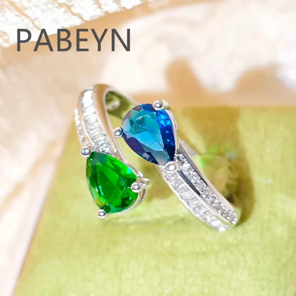 925 Sterling Silver Fashion Light Luxury Blue-Green Drop Zircon Ring, Adjustable, Birthday Party Anniversary Gift Ladies Jewelry