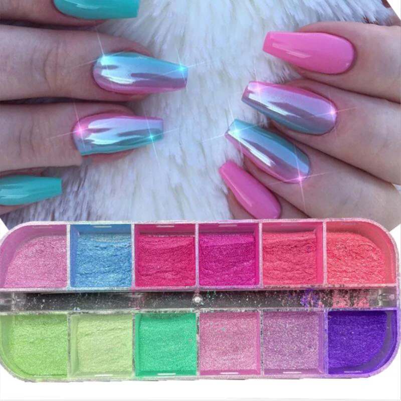 12 grilles Aurora miroir poudre Nail Art paillettes irisées Chrome poussière effet métallique Gel vernis sirène frottant Pigment décor *