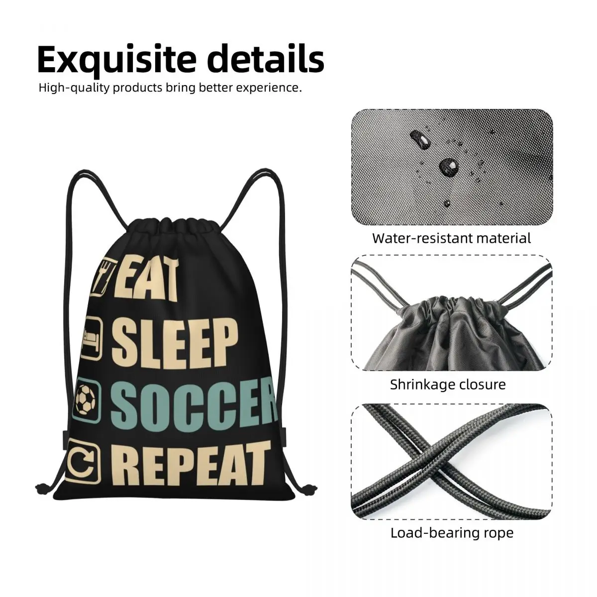 Benutzer definierte lustige essen schlafen Fußball wiederholen Kordel zug Tasche für das Training Yoga Rucksäcke Männer Frauen Sport Gym Sackpack