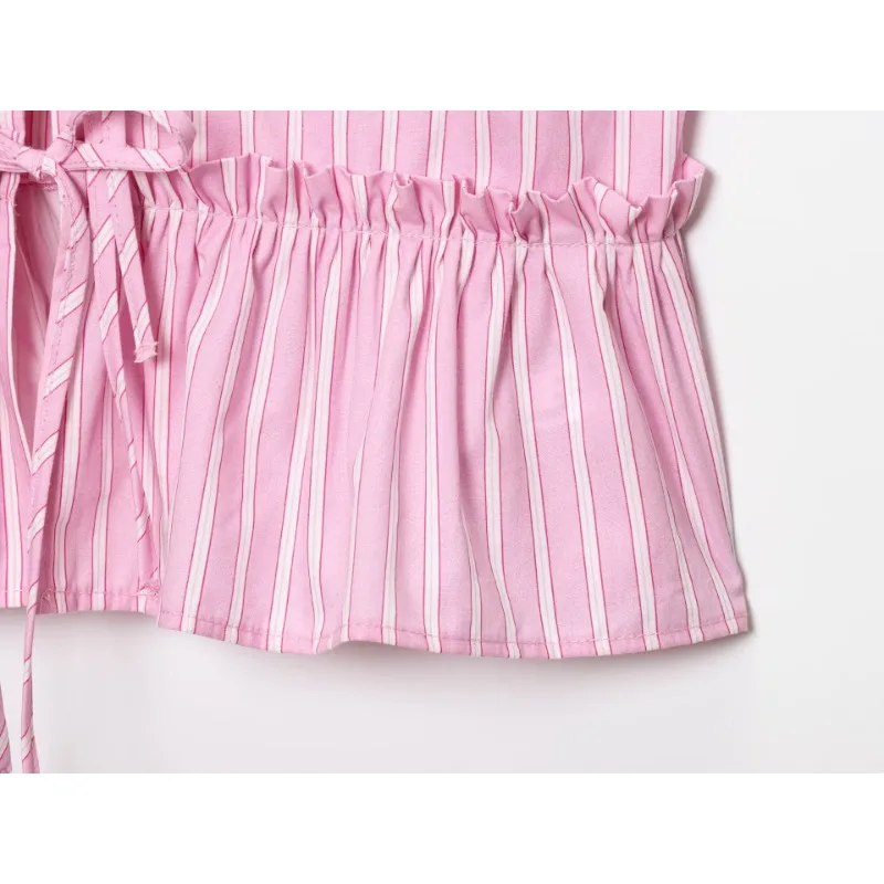 Ensemble 2 pièces pour femmes, débardeur d'été, nœuds, boutons à nouer, volants, hauts froncés, haut rayé rose + short, col en V, costume décontracté doux