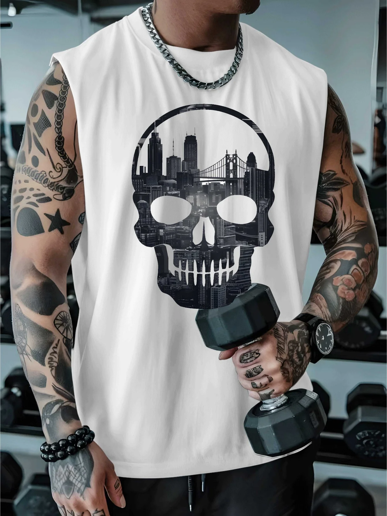 

Men's sleeveless vest with skull and city scenery prints - A casual and comfortable summer vest