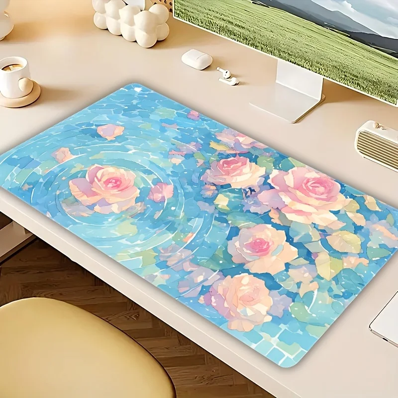

Очень большой коврик для игровой мыши с розовым цветочным узором, резиновая основа, прямоугольный противоскользящий коврик для стола, точные края, моющийся