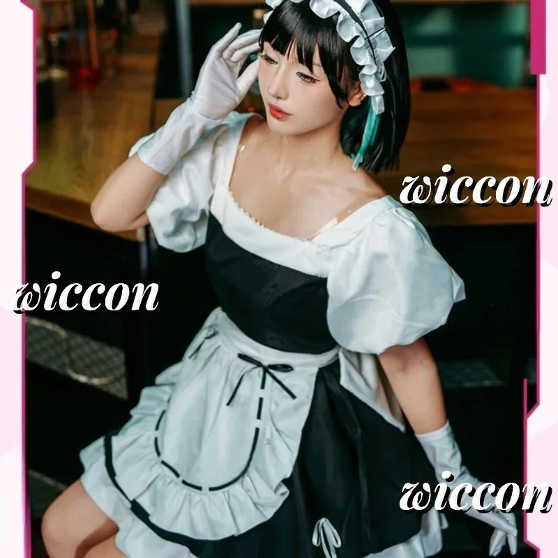 Sua Maid Cosplay Costume Wig Alien Stage Cosplay Costume Microphone White Dress Headwear Short Black Wig Sua Cosplay Dress