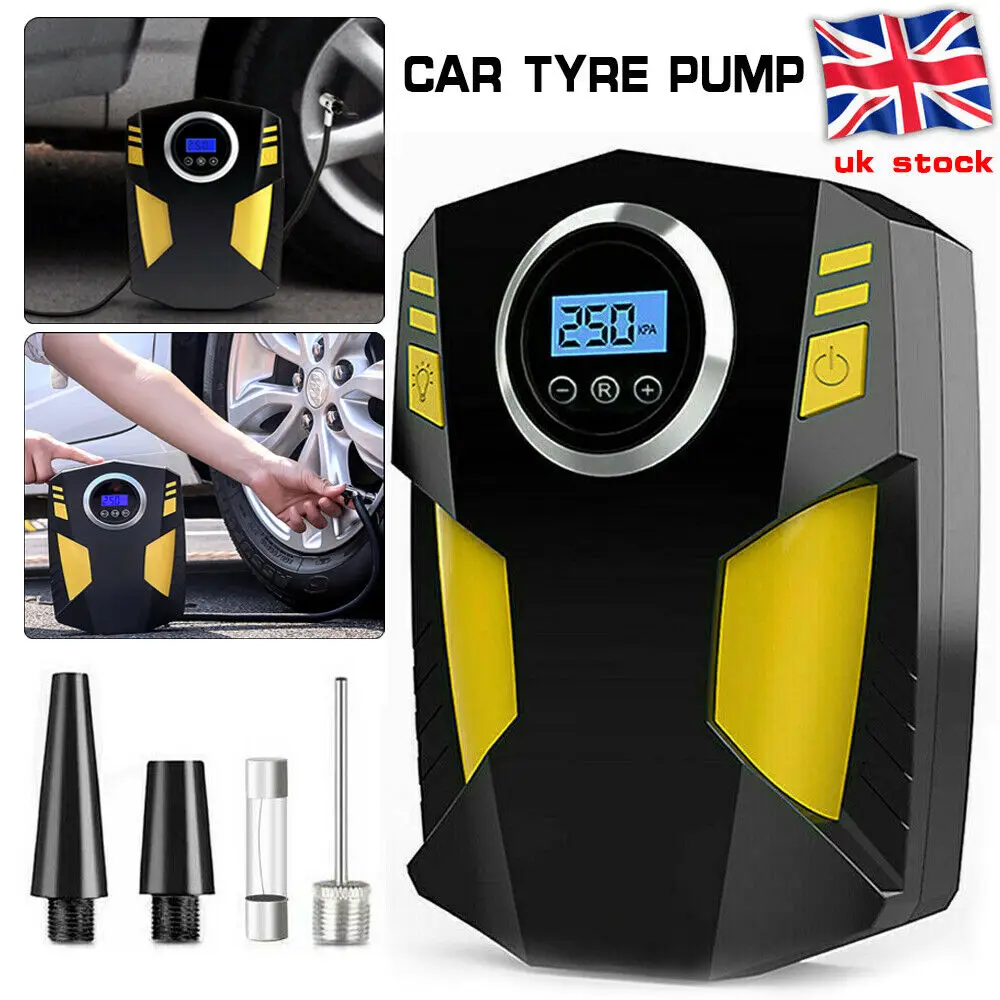 Digital tyre inflator DC 12V portable air compressor with 3 nozzle adapters For car tyres and other inflatable equipment