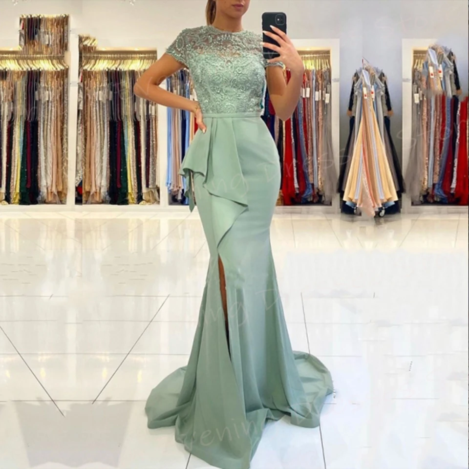 Charmante Modieuze Groene Dames Zeemeermin Klassieke Avondjurken Korte Mouw Kanten Galajurken Chiffon Geplooide Robe De Soiree