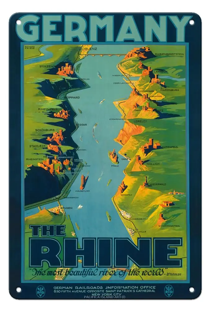 Pacifica Island Art Germany - The Rhine - “The Most Beautiful River of the World” Walt Whitman - Vintage Travel Poster by Richar