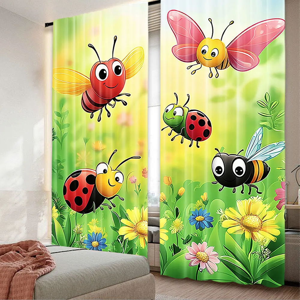 2Pcs Garden Curtain Gardening Theme Of Butterfly Ladybug Worm Flowers And Grass For Bedroom Living Room And Dining Room