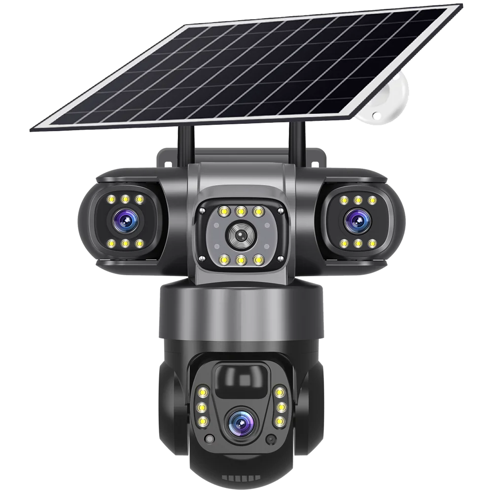 Cross-border outdoor 360° panoramic home three-lens solar surveillance camera: security, high-definition full-color night vision