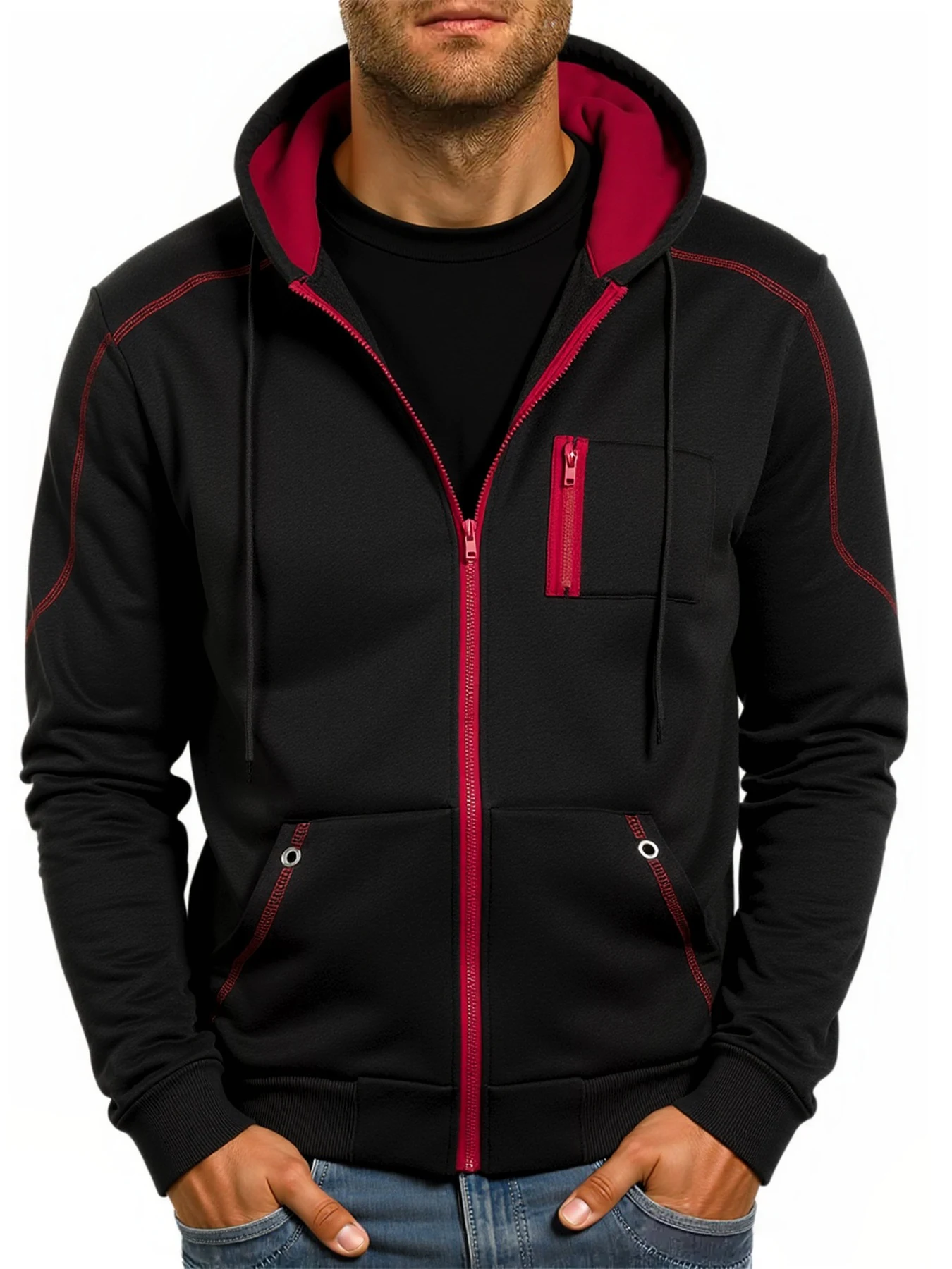 Men's Zip Up Hooded Sweatshirt Long Sleeve HoodieContrast Zipper Pockets Casual Sports Jacket Stitching Line Slim Fit Outerwear