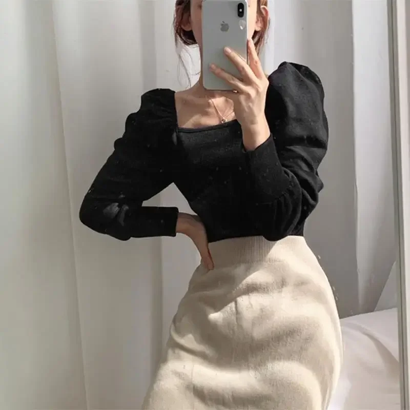 Thickened Velvet Square Neck Slim Fit Pleated Bubble Sleeve T-shirts Spring Ropa Mujer Shirts for Women Black Tops Knit V1470