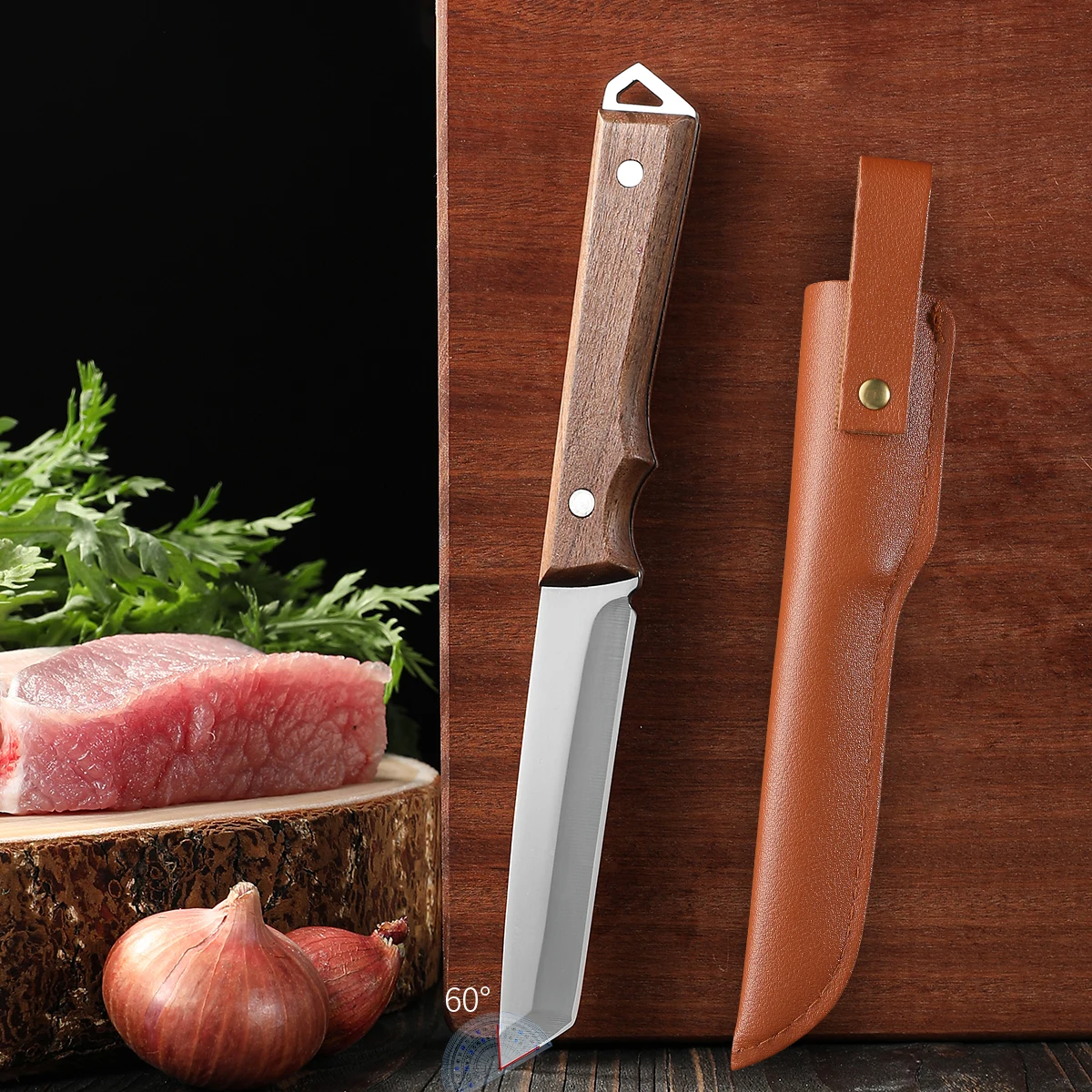 High-end stainless steel fruit knife with solid wood handle and scabbard, suitable for cutting meat, vegetables, and fruits duri