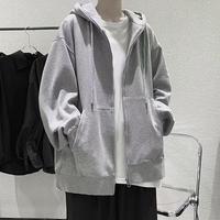 Fall Winter Men Hoodie Loose Solid Color Long Sleeves Drawstring Zip-up Pockets Men Coat Casual Thin Hooded Zipper Male Jacket