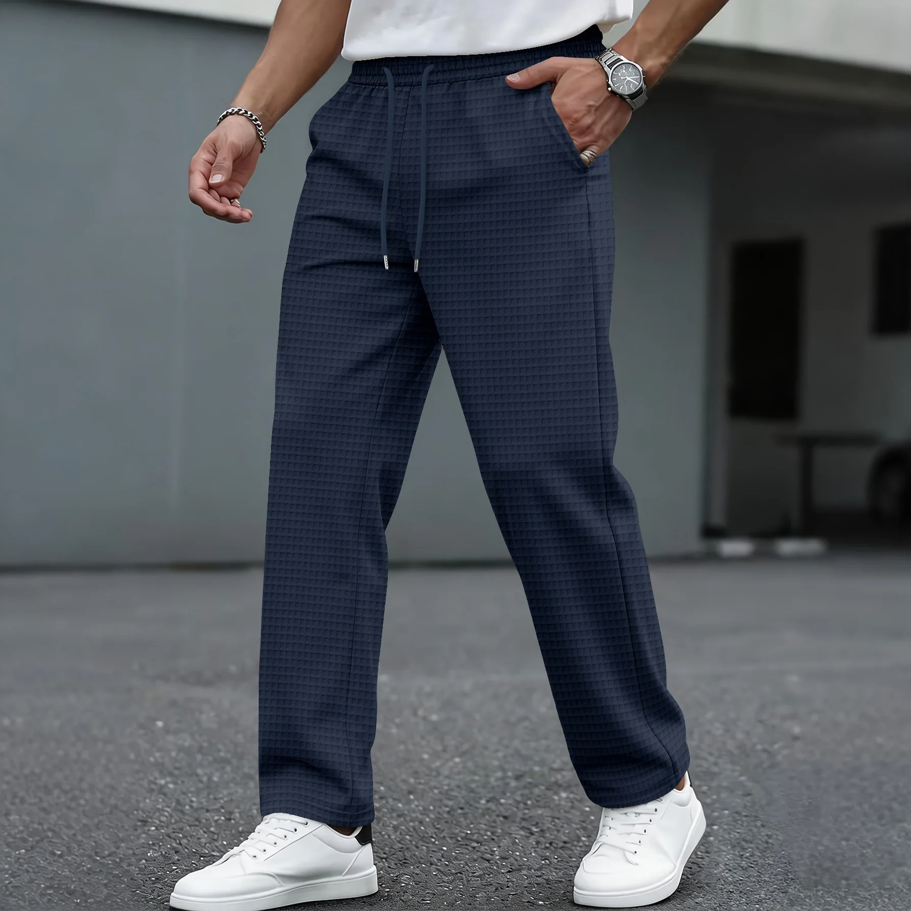 Autumn Men Waffle Texture Casual Pants Elastic Waist Drawstring Straight Leg Trousers Solid Loose Fashion Comfort Streetwear