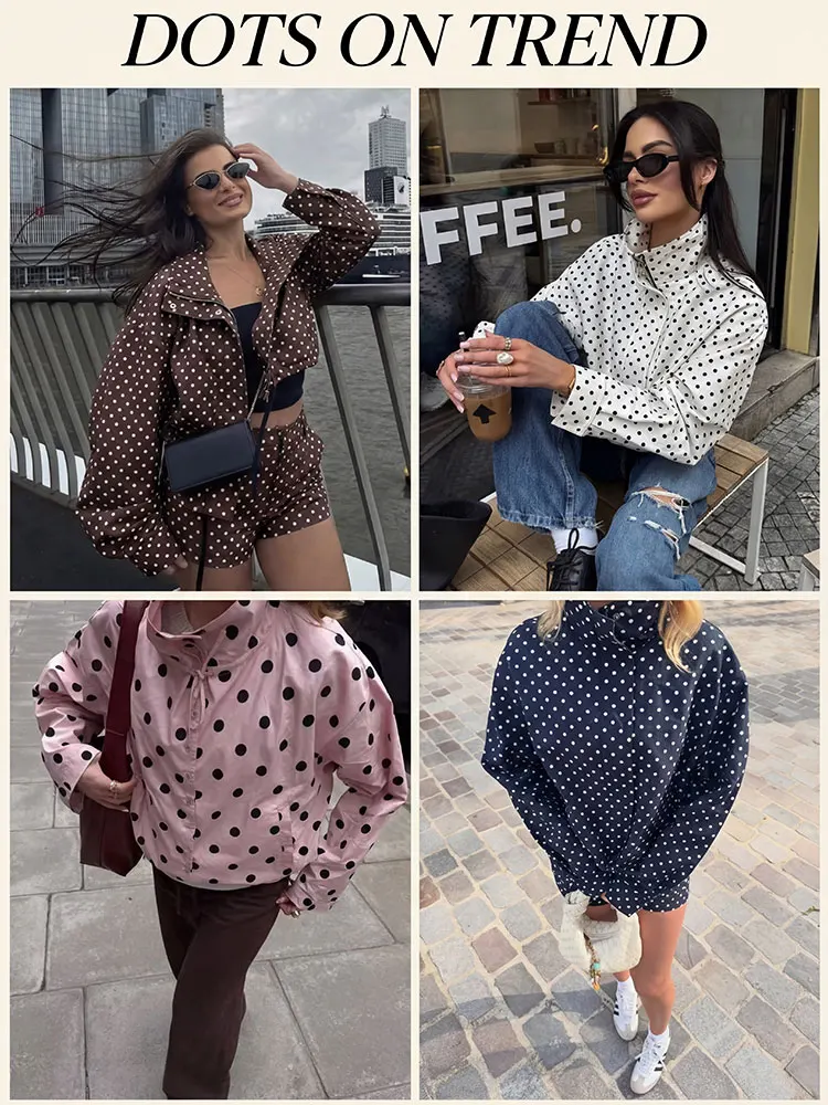 HH Damen Mode Polka Dots Jacke Lässiger Langarm-Rollkragenmantel 2026 Frühlingstrend Gepunktete High-Street-Damen-Oberbekleidung
