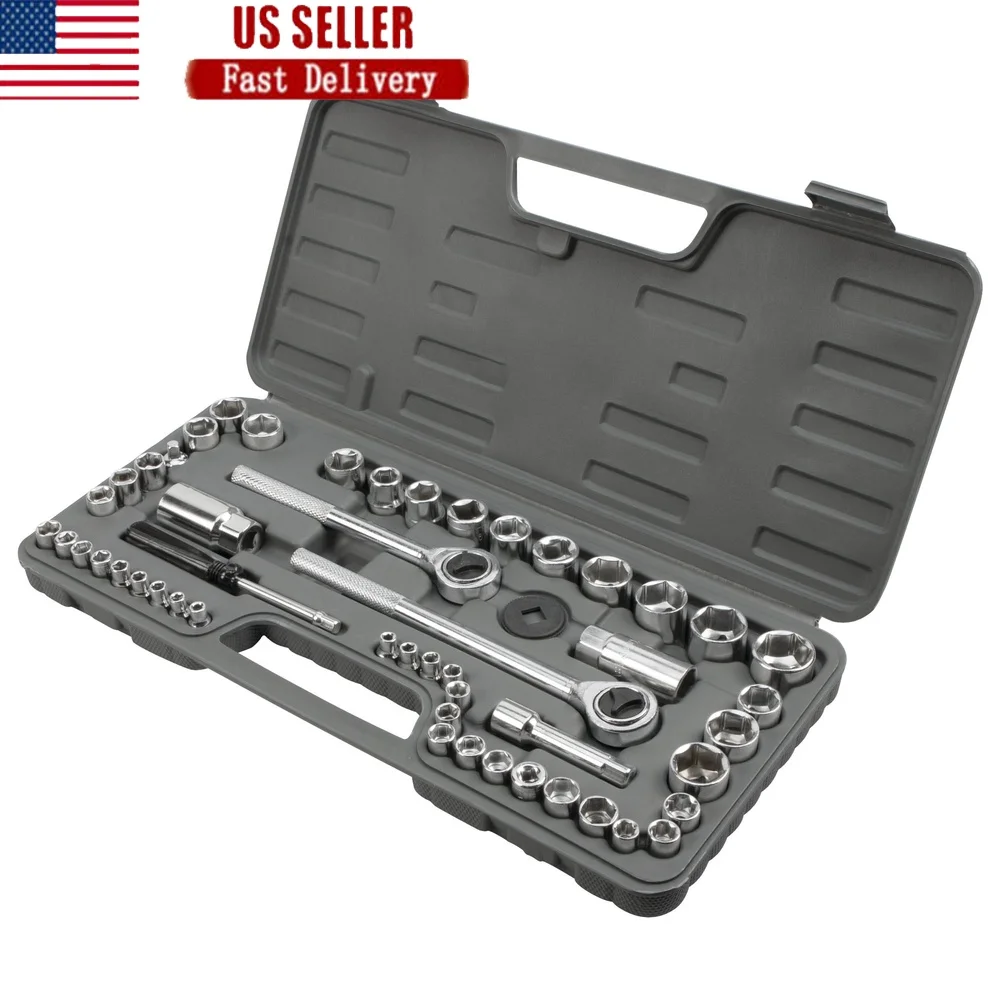 

52-Piece SAE Metric Socket Set 1/4 3/8 1/2 Drive Ratchet Extension Adapter Storage Case Durable Tools