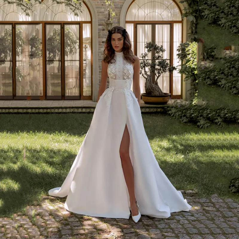 

Пасторальное свадебное платье трапециевидной формы с высоким воротом, простое свадебное платье без рукавов с кружевной аппликацией, сексуальное плиссированное платье с открытой спиной на шнуровке с боковым разрезом