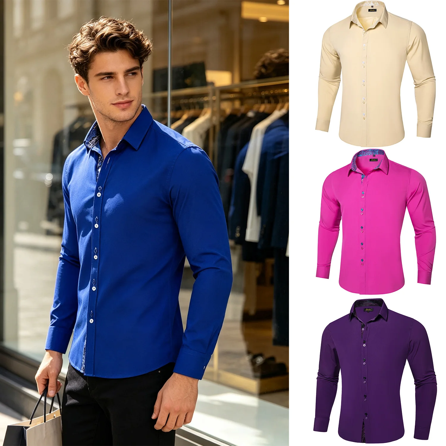 Long Sleeve Dress Shirt for Men, Solid Tone With Contrast Inner Collar, Two-tone Buttons, Slim Fit, Multi Colors Business