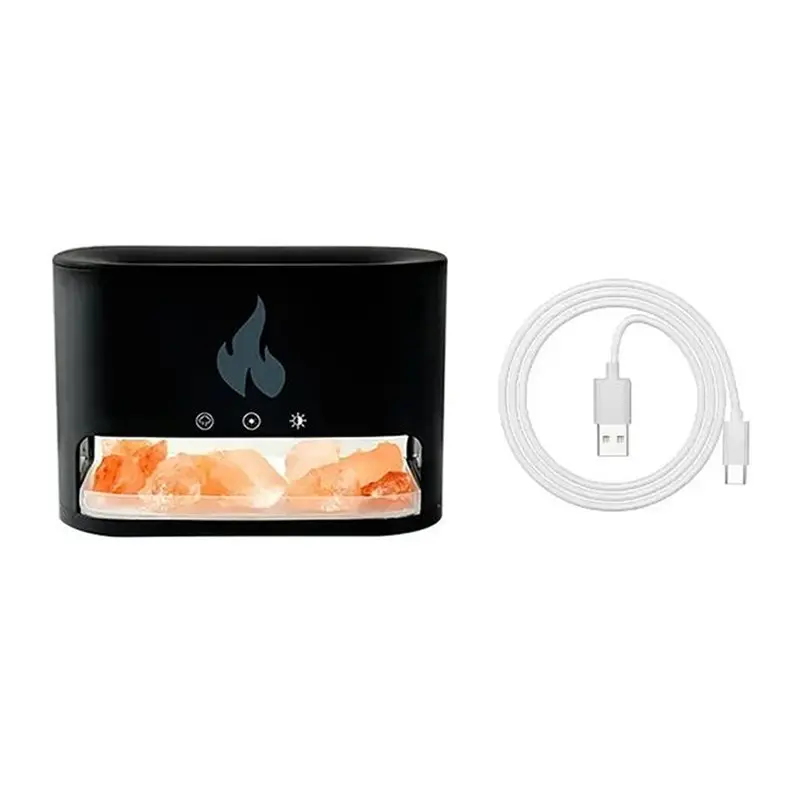 

ABBZ-Fireplace Humidifier Crystal Salt Rock Fire Lamp 7 Color Flame Aroma Volcano Air Humidifier Essential Oil Diffuser Black