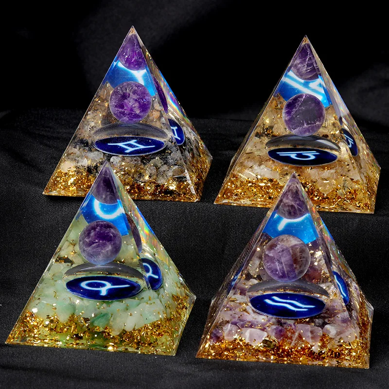 Natural Stone Crystal Chips Twelve Zodiac Signs Orgonite Pyramid Lucky Decor for Office Desk Decoration Birthday Gifts