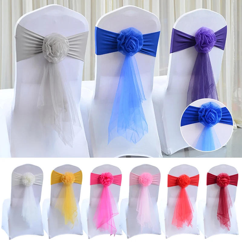 

Pack of 5 Flowers Organza Stretch Chair Sashes for Hotel Wedding Party Chair Cover Decoration Spandex Stretch Chairs Bands