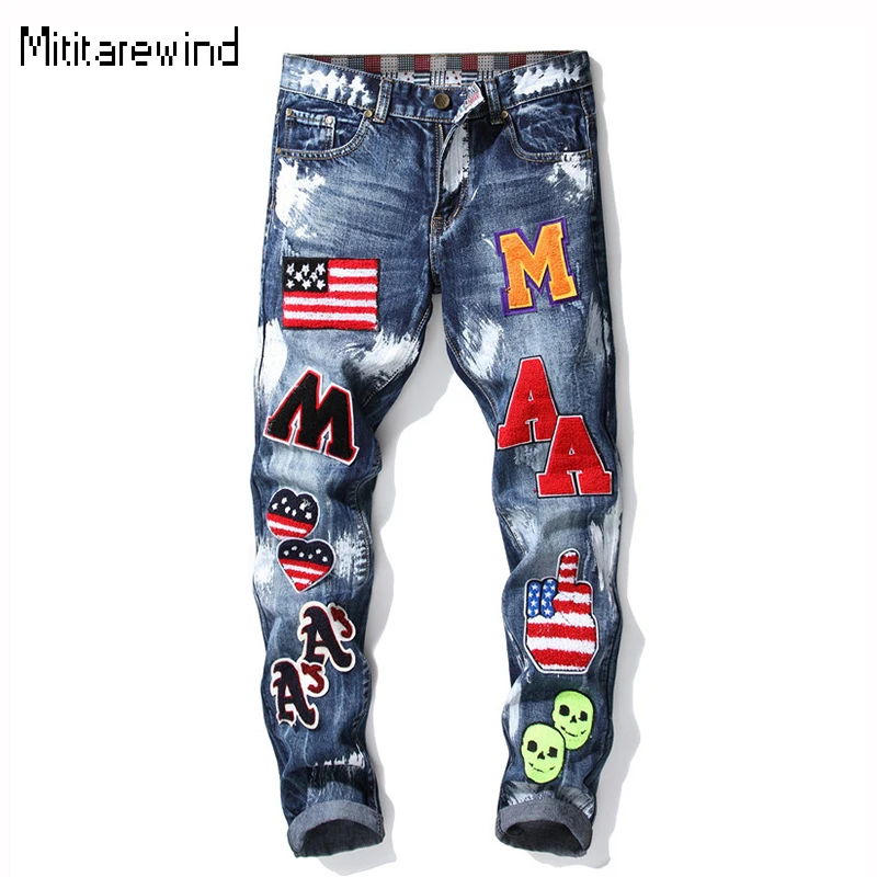 

Punk Style Y2k Streetwear Slim Jeans Men Cotton Mid Waist Paint Letters Embroidered Design Straight Jeans Youth Trendy Man Pants