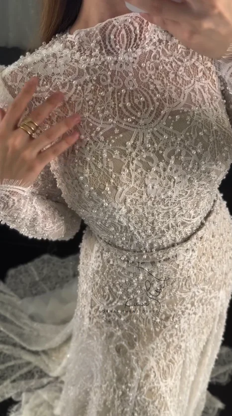 KUXA Customized A-Line Luxury Wedding Dresses Pearl decoration Long Sleeves Floor-Length Elegant Bridal Gowns vestido de novia