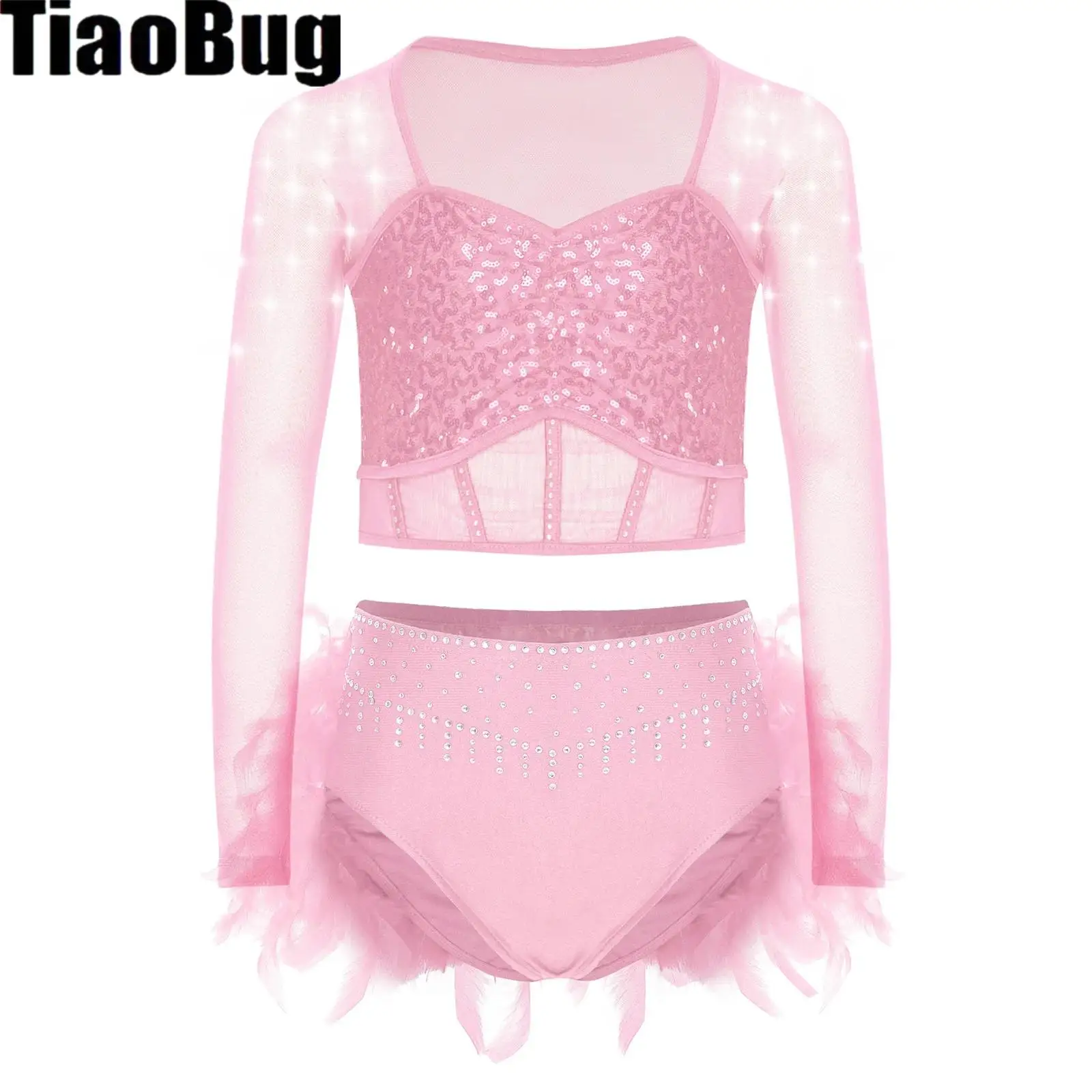

Girls Lyrical Dance Outfit Long Sleeve Sequin Rhinestones Sheer Mesh Crop Top with Feather Skirt Latin Gymnastics Skating Costum