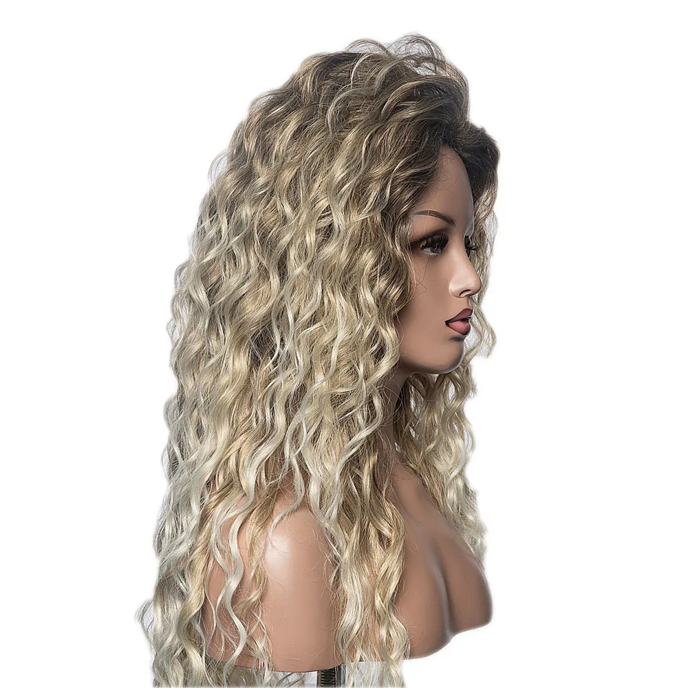 SuQ Synthetic Deep Wave Curly Wig Long Blonde Hair Wigs for Women Freepart Hairline Brown Roots Ombre Wig Natural Fluffy Wavy