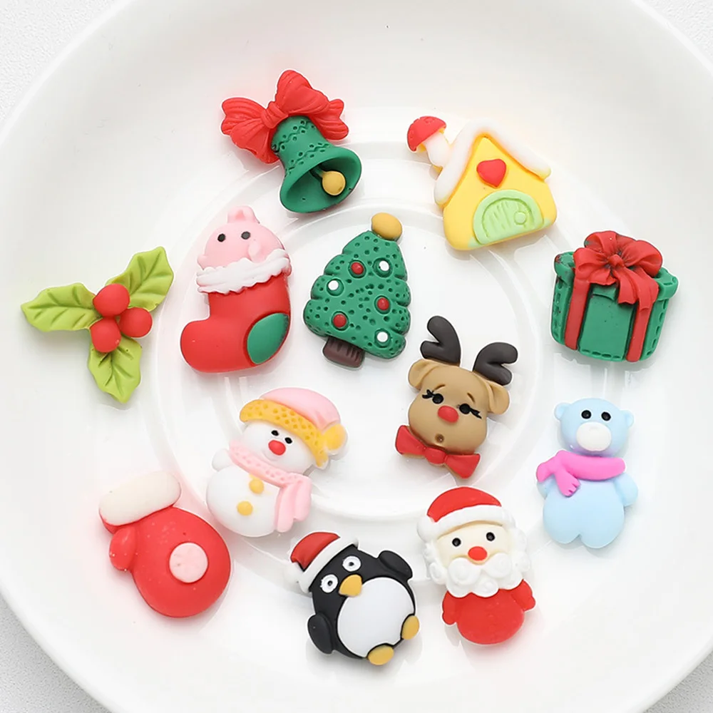 Christmas Resin Ornament 10Pcs/Set Lovely Xmas Flatback Accessories Parts DIY Handwork Mobile Phone Case Hair Clip Decoration