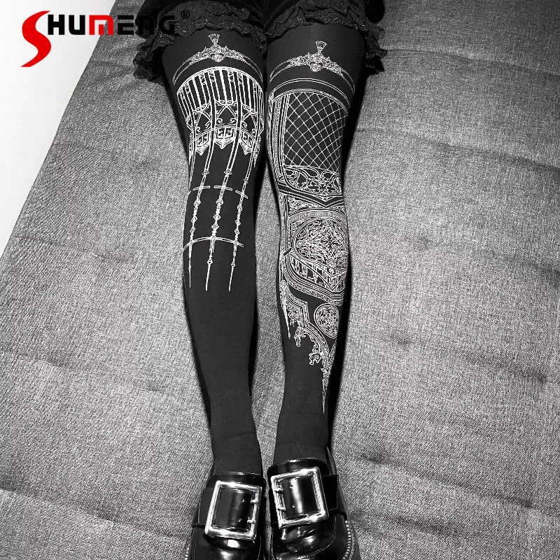 

Japanese Lolita Style Printed Silver Stamping Gothic Socks Y2k Kawaii Pantyhose 120d Velvet Subculture Long Slimming Leggings