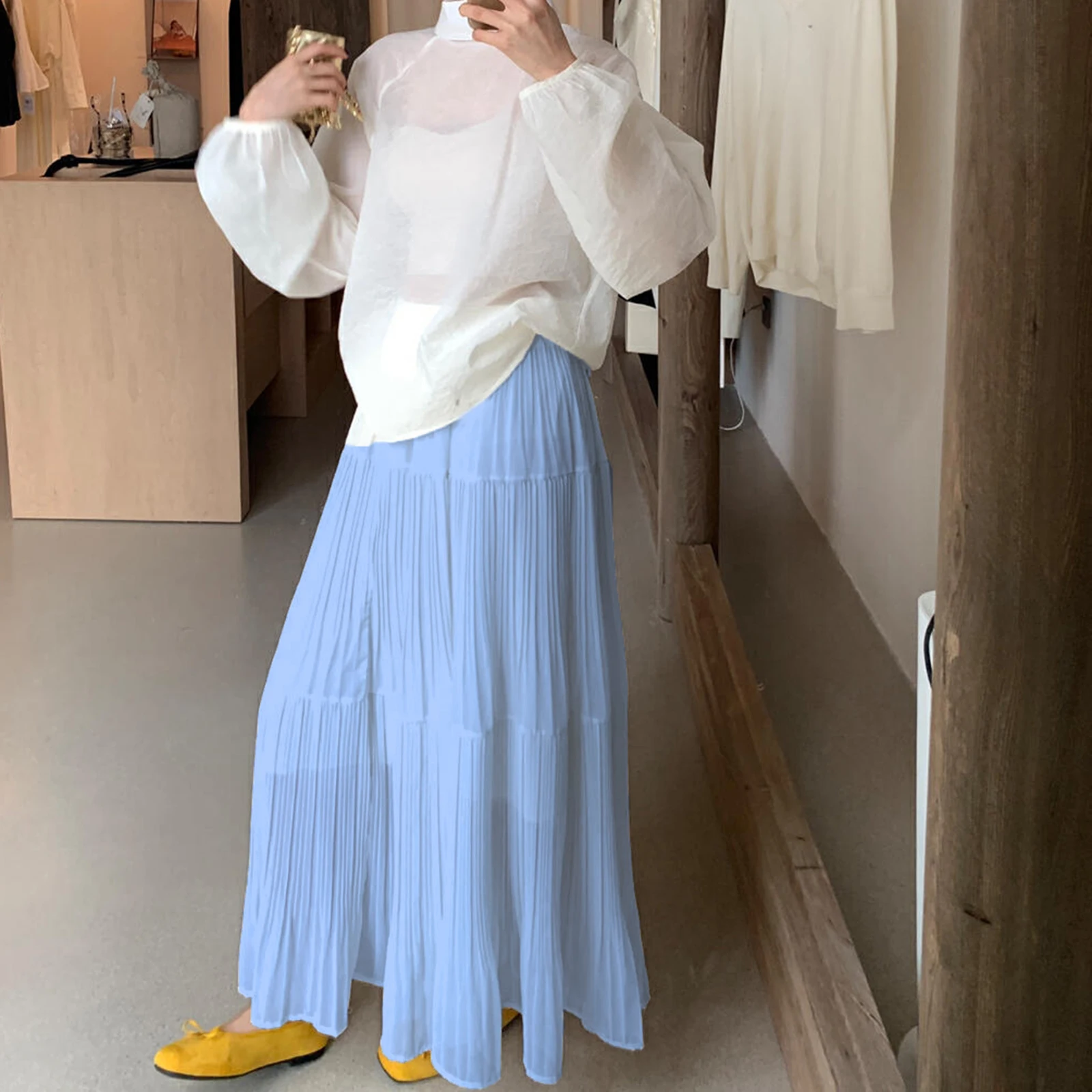 Gonna lunga a trapezio estiva da donna di nuova moda gonna fluida a pieghe tinta unita per lo shopping da spiaggia in viaggio vendita calda S-XL