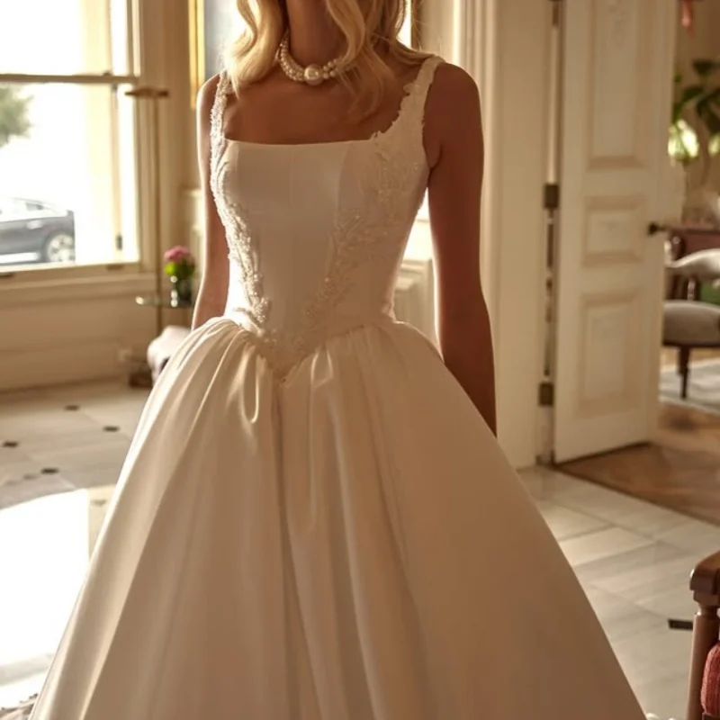 

Satin ivory white Appliques Wedding Dresses off-shoulder A skirt flower decal Gowns Made wedding dress Customized