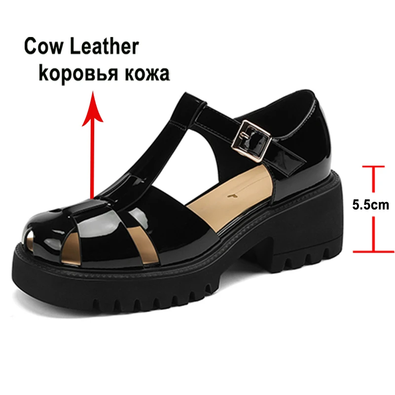 Women Genuine Leather High Heel Summer Sandals Gladiator Ladies Buckle Sandals Fashion Thick Heel T-Strap Sandals Summer Shoes