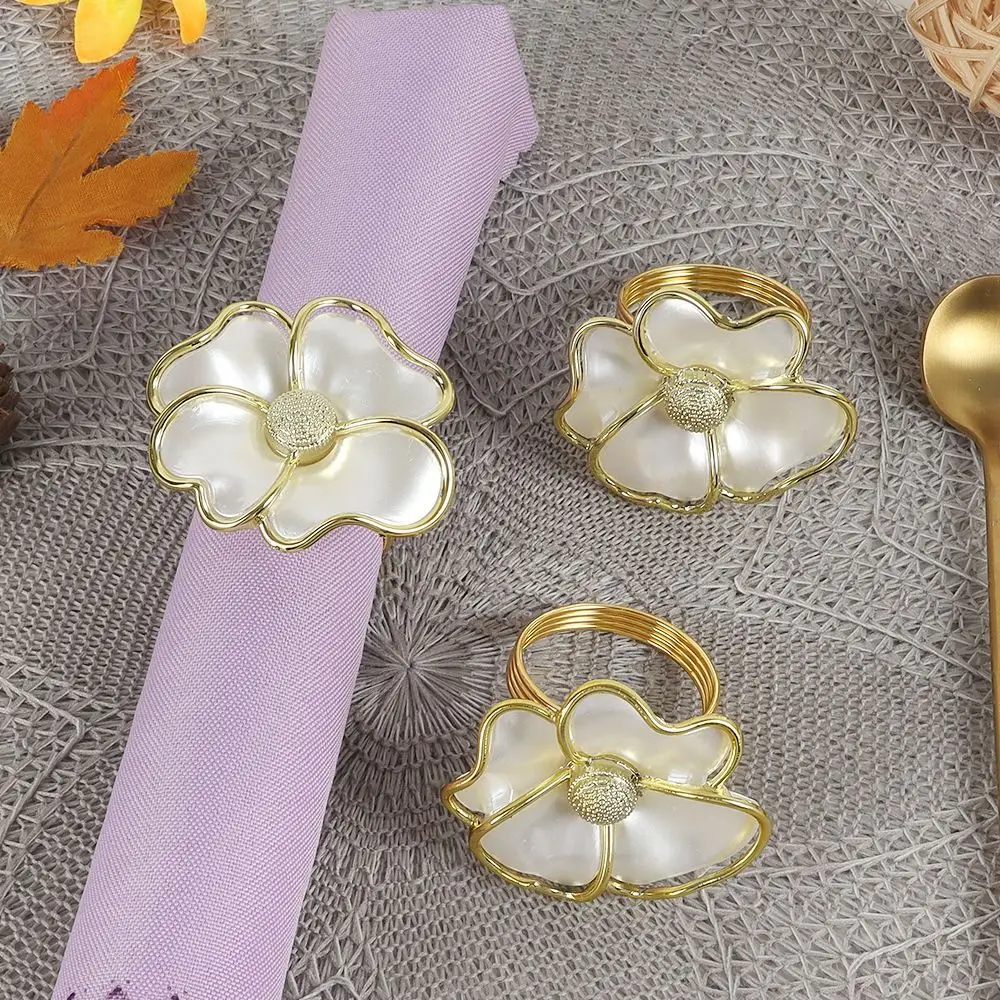 6 pcs Gold, White Flowers Napkin Ring Holders Acrylic 2.3'' Phnom Penh Flower Napkin Button Flower Flower Shaped Napkin Ring - view 2