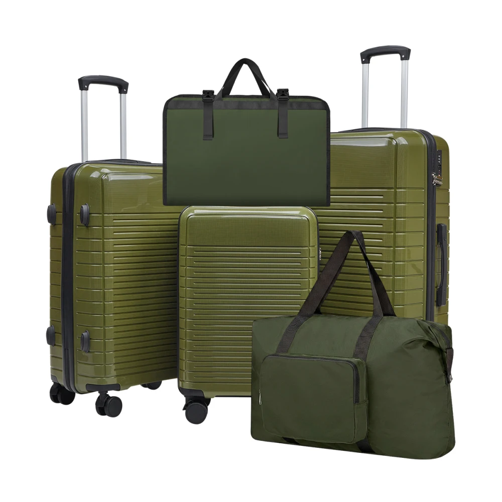 5 Piece PP Hard Shell Luggage Set 20/24/28 Inch Rolling Suitcase with Foldable Travel Bag Cosmetic Toiletry Bag 360° Spinner Wheels Family Trolley Luggage